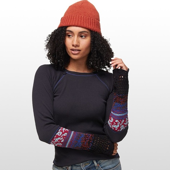 Free People Small Navy blue thermal In The Mix Knit Cuff Long Sleeve Top Lace S - Picture 1 of 8